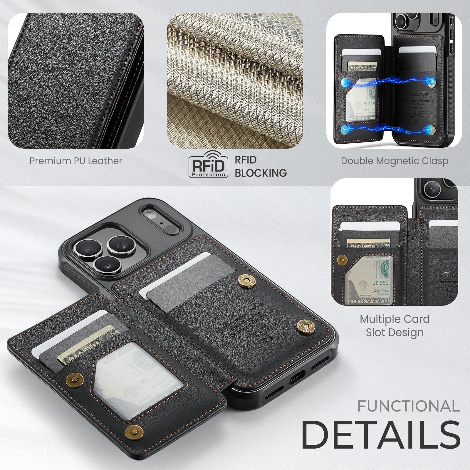 Back Wallet Case for iPhone 18 Pro Max/iPhone 17 Pro Max in Fashion Black — detail 4