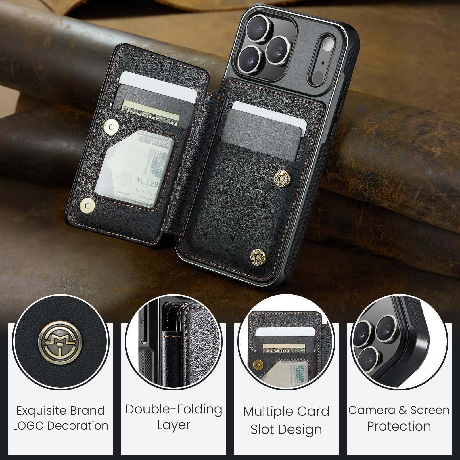 Back Wallet Case for iPhone 18 Pro Max/iPhone 17 Pro Max in Fashion Black — detail 7